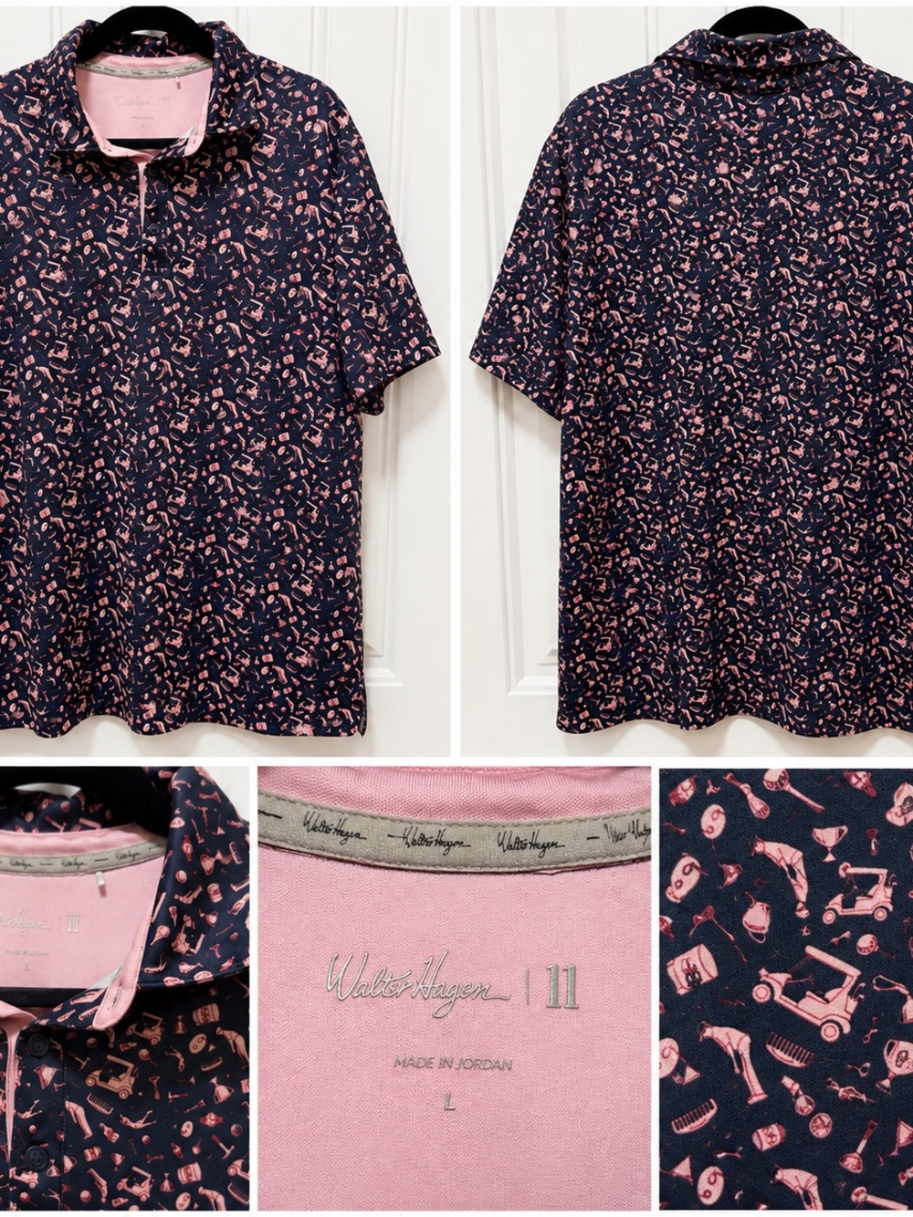 Walter Hagen 11 Golf Polo Navy Pink Golf Print Shirt Size L